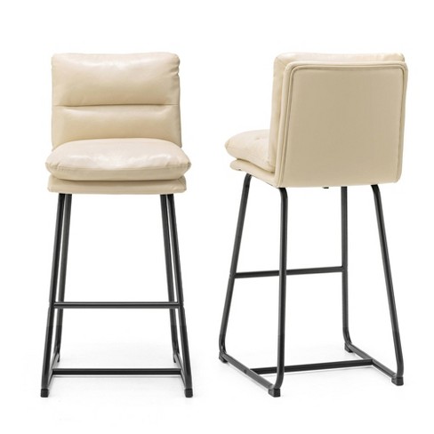 Set of 2 Modern Thick Leatherette Bar Stools with Metal Legs Cream White Glitzhome