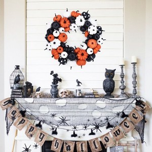 18 Inch Fall Wreath for Front Door with Orange, Black and White Pumpkins for Thanksgiving Indoor Outdoor Home Party Decor - 1 of 4