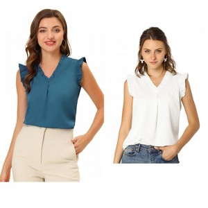Allegra K Women's Ruffled Sleeveless Work Business Vintage Blouses 2 Packs - 1 of 4
