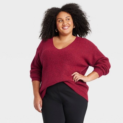 Women's Cozy Knit V-Neck Pullover Sweater - Ava & Viv™ Red 2X