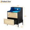 Rattan Nightstand, Modern Bedside Table with Led Lights and 2 Drawers, Black Nightstand with Charging Station, Wooden Bedside Table - 3 of 4