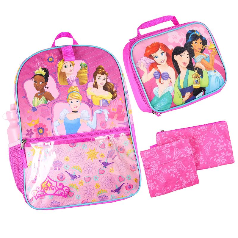 Disney Princess 16 inch Backpack for Girls 5 Piece School Lunch Box Set Multicoloured, 1 of 6