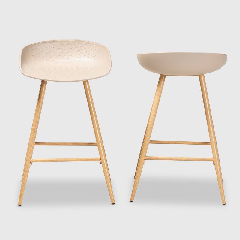 Set of 2 Mairi Plastic and Wood Counter Height Barstools Beige/Natural - Baxton Studio, 3 of 9