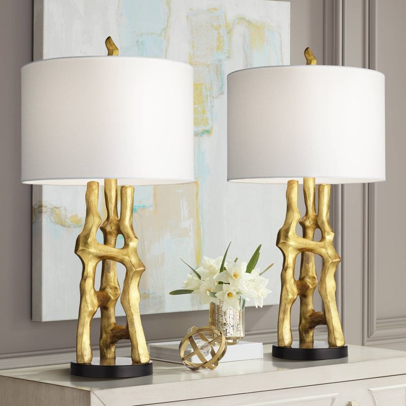 Possini Euro Design Organic Modern Table Lamps 29" Tall Set of 2 Gold Sculpture White Drum Shade for Bedroom Living Room Bedside Office House Home, 2 of 10