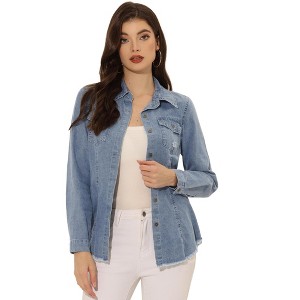 INSPIRE CHIC Women's Jeans Long Sleeve Button Down Distressed Frayed Denim Shirt - 1 of 4