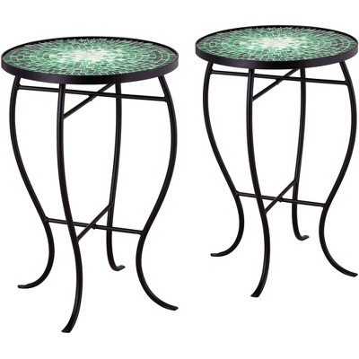 Teal Island Designs Modern Black Round Outdoor Accent Tables Set of 2 14" Wide Green Mosaic Tabletop for Porch Patio Home House