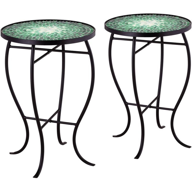 Teal Island Designs Modern Black Round Outdoor Accent Side Tables 14" Wide Set of 2 Green Mosaic Tabletop for Front Porch Patio Home House, 1 of 8