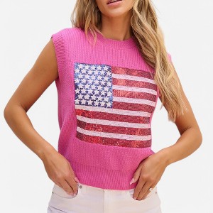 Amaryllis Women's Sleeveless Knit Sweater Tank Sequin American Flag  Pullover Lightweight - 1 of 4