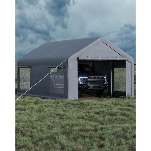 13x20 Ft Carport with 4 Windows, Car Port with 220g PE Tarp, 8 Sandbags, 2 Roll-Up Doors for Full-Size Pickups, Bass Boats, Tractors, and SUVs - 1 of 4