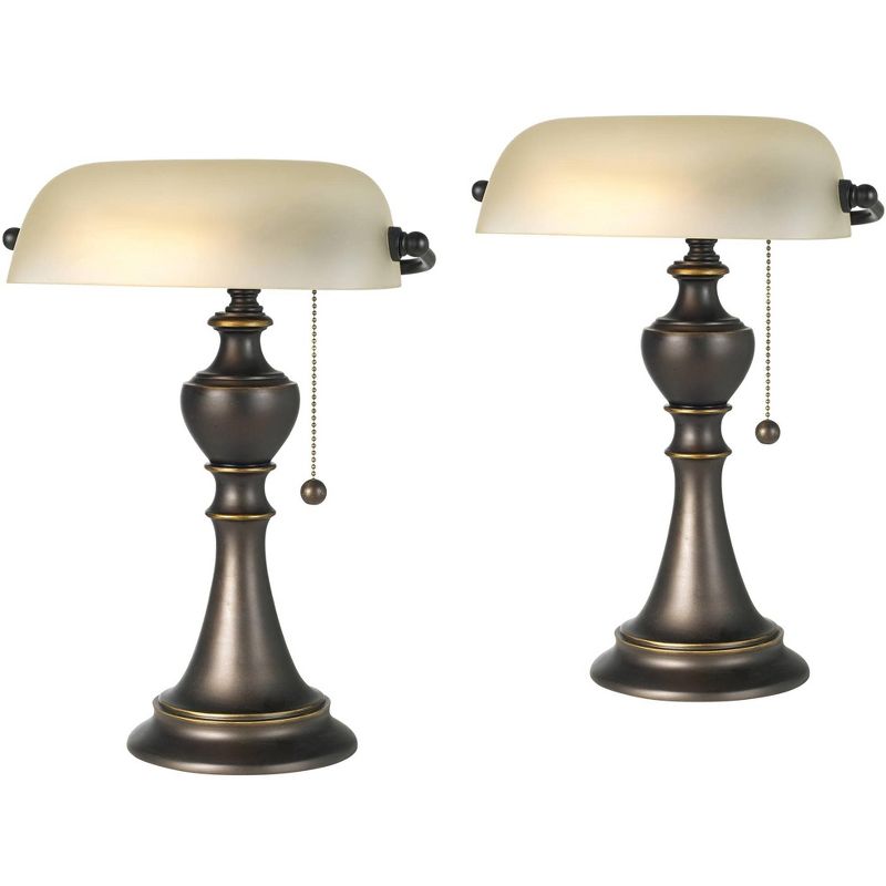 Regency Hill Haddington 16" High Small Farmhouse Rustic Traditional Piano Lamps Set of 2 Brown Bronze Finish Metal Glass Home Office Living Room, 1 of 9