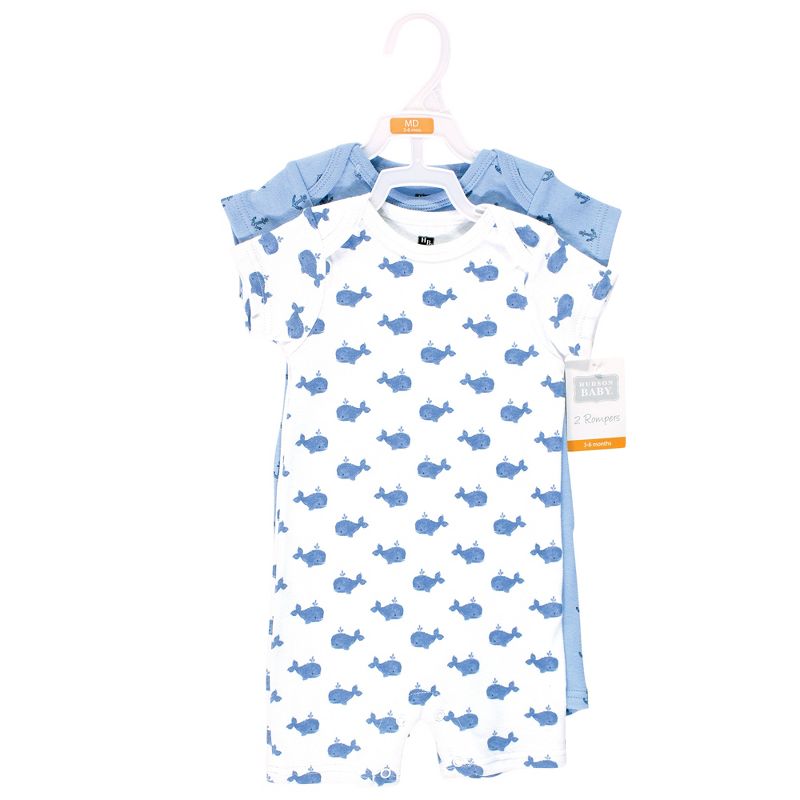 Hudson Baby Infant Boy Cotton Rompers, Blue Whale, 3 of 6