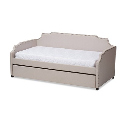 Twin Ally Fabric Upholstered Sofa Daybed with Roll Out Trundle Guest Bed Beige - Baxton Studio