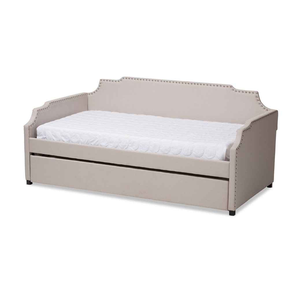 Photos - Bed Twin Ally Fabric Upholstered Sofa Daybed with Roll Out Trundle Guest Kids'  Beige - Baxton Studio