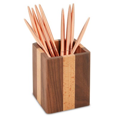 Okuna Outpost Natural Wood Pen Holder for Desktop Office Supplies (3.1 x 3.1 x 7 in)