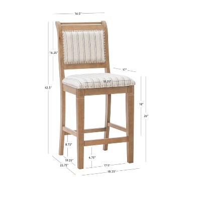 Emmy Rustic Wash 26" Gray Striped Upholstered Counter Stool with Nailhead Trim