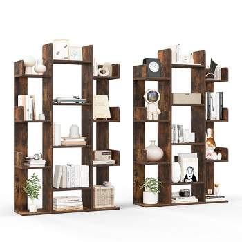 Costway 1/2 PCS Bookshelf Tree-Shaped Bookcase with 13 Storage Shelf Rustic Industrial Style Rustic Brown