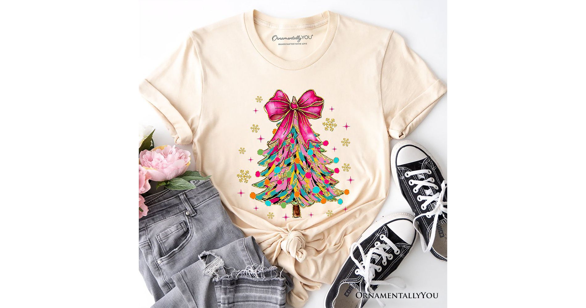 Colorful Glitter Christmas Tree Pink Bow T-Shirt, Pink Bow Coquette Holiday Tee | OrnamentallyYou