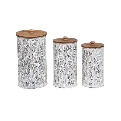Set of 3 Distressed Whitewashed Pattern Metal Decorative Storage Canisters - Foreside Home & Garden