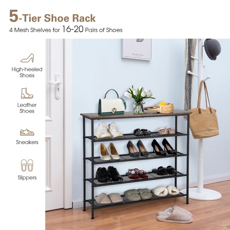 Shoe Rack 5-Tier Shoe Storage Organizer W/4 Metal Mesh Shelves for 16-20 Pairs, 5 of 11