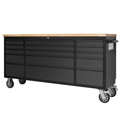 Rolling Tool Chest with 15 Drawers - Heavy-Duty Steel & Rubber Wood Workbench on Wheels, Garage Workbench with Key Locking System, Black