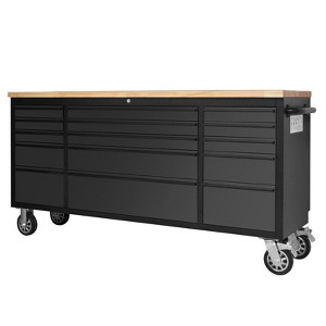 Rolling Tool Chest with 15 Drawers - Heavy-Duty Steel & Rubber Wood Workbench on Wheels, Garage Workbench with Key Locking System, Black - 1 of 4