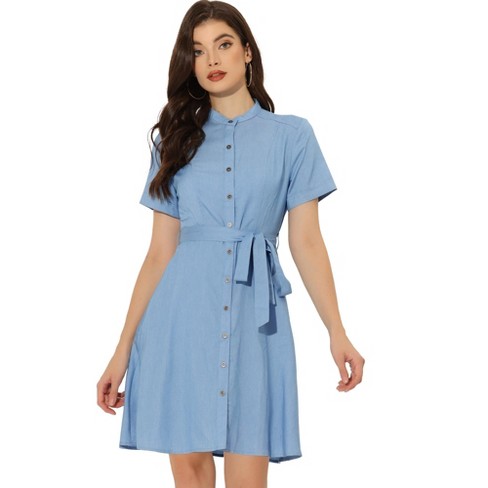 Allegra K Women's Casual Button Down Short Sleeve Denim Shirt Dress ...