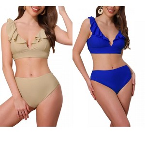 INSPIRE CHIC Women's Ruffle Trim V Neck Wide Strap Drawstring Tie Back Top Triangle Bottom Bikini Sets 2 Sets - 1 of 4