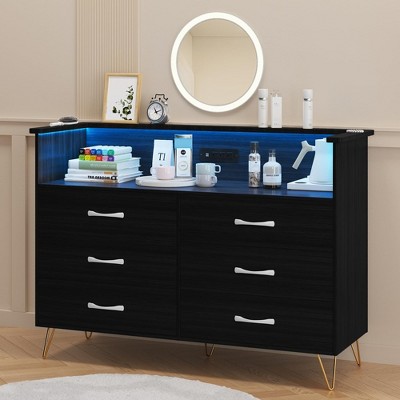 Dresser for Bedroom with Power Outlet & LED Light, 6 Wooden Drawers Dressers with 2-Tier Open Shelves