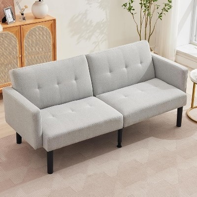 75.5” Convertible Futon Sofa Bed, PU Leather Small Couch Sofa with Wood Legs & 700lbs Capacity, Adjustable Folding Loveseat