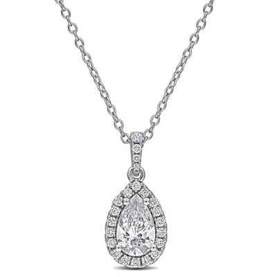 EVERLY JEWELRY | sterling silver 1 CT TGW Pear-Shaped and Round-Cut Lab-Grown Diamond Halo Pendant with Chain, 17-inch