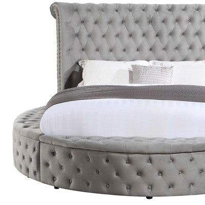 Gaiva Gray Velvet Queen Bed with Storage and Nailhead Trim