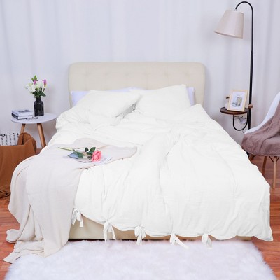 3 Pcs Washed Cotton Solid with Bowknot Closure Design Bedding Sets Queen White - PiccoCasa