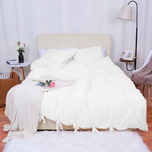 PiccoCasa Washed Cotton Solid with Bowknot Closure Design Duvet Cover Sets 3 Pcs with 2 Pillowcases Queen White - 1 of 4