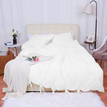 PiccoCasa Washed Cotton Solid with Bowknot Closure Design Duvet Cover Sets 3 Pcs with 2 Pillowcases Queen White