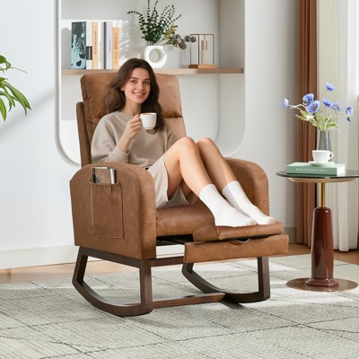 Nursery Rocking Chair with Adjustable Footrest, Glider Chair with Two Side Pockets,Teddy Fabric, Comfy Lounge Armchair with High Backrest