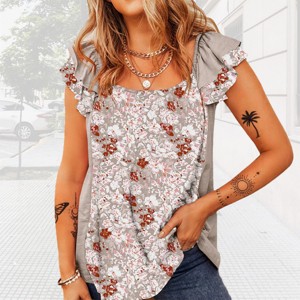 Womens Ruffled Sleeve Tops Cap Sleeve Casual Floral Blouse Square Neck Open Back Tank Tops Summer Lounge Tops with Ruffle Cap Sleeve,Light Gray - L - 1 of 4