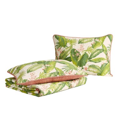 Ecru Cotton Full/Queen Reversible Quilt Set with Palm Leaf Design