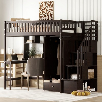 Twin Size Loft Bed With Shelf, Drawers, Desk And Wardrobe, Espresso ...