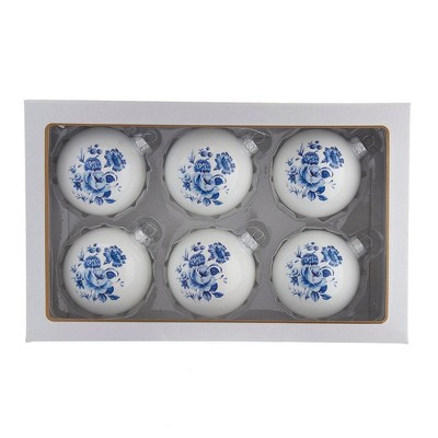 Delft Blue Floral Glass Ball Christmas Ornaments, Set of 6