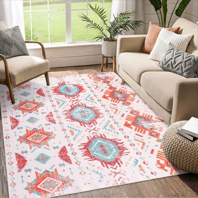 Washable Vintage Floral Rug Non Slip Low Pile Rug Soft Throw Floor Cover Foldable Indoor Carpet for Living Room Bedroom Playroom Nursery