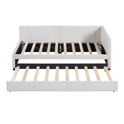 Bellemave Twin Size Upholstered Daybed with Trundle Bed,Twin Day Bed Frame with Armrest,Sofa Bed for Living Room Bedroom,Beige