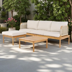 3-Piece Outdoor Patio L-Shaped Acacia Wood Rope Weave Sectional Sofa Set with Coffee Table and Ottoman - 1 of 4