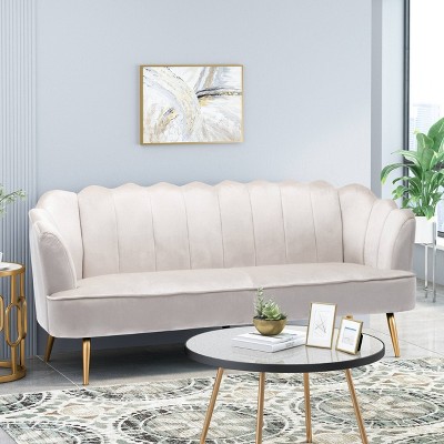 Beige Velvet Channel Stitch 3-Seater Shell Sofa with Gold Legs