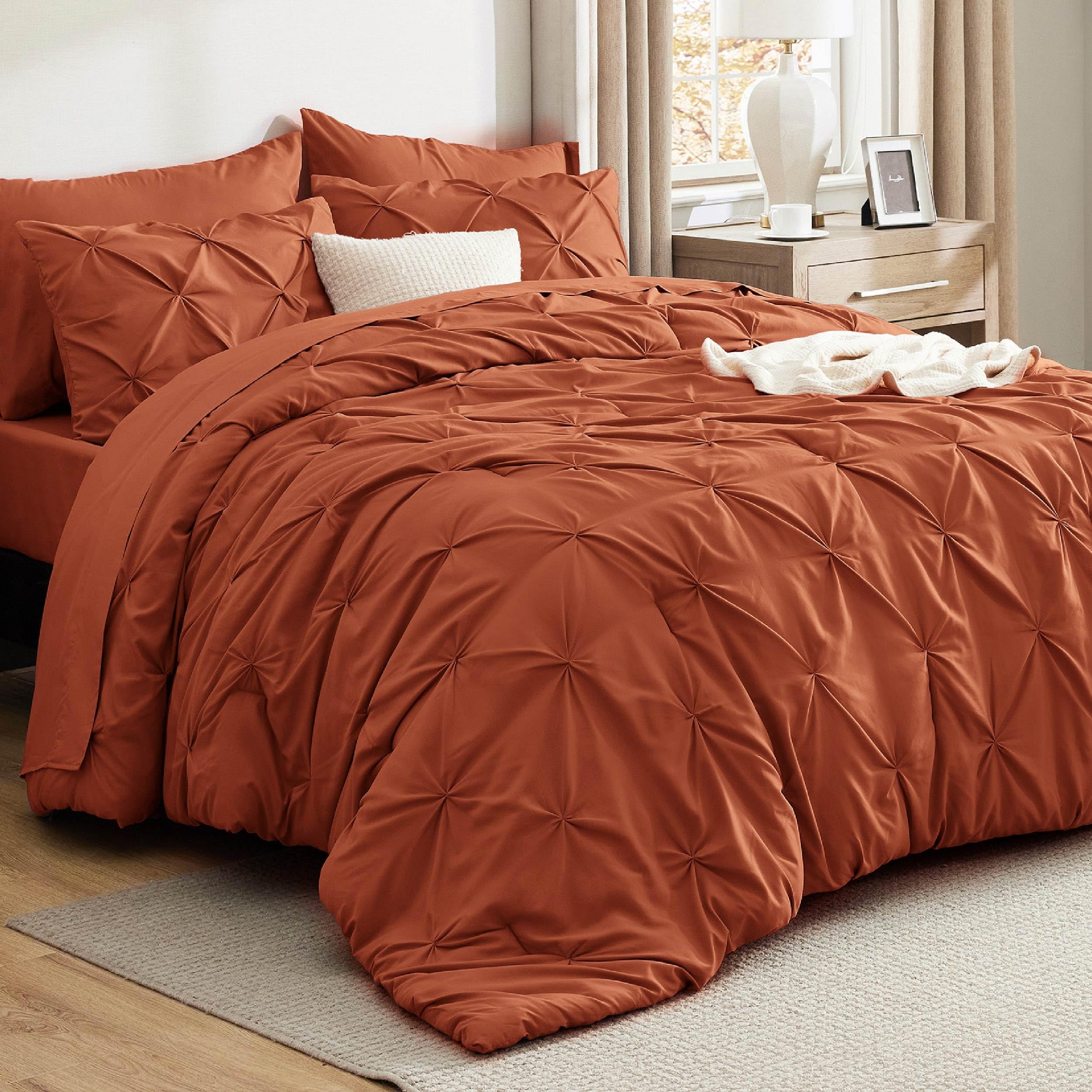Solid Diamond Pintuck 7pcs California King Burnt Orange Bedding Set Comforter Set - Bedsure