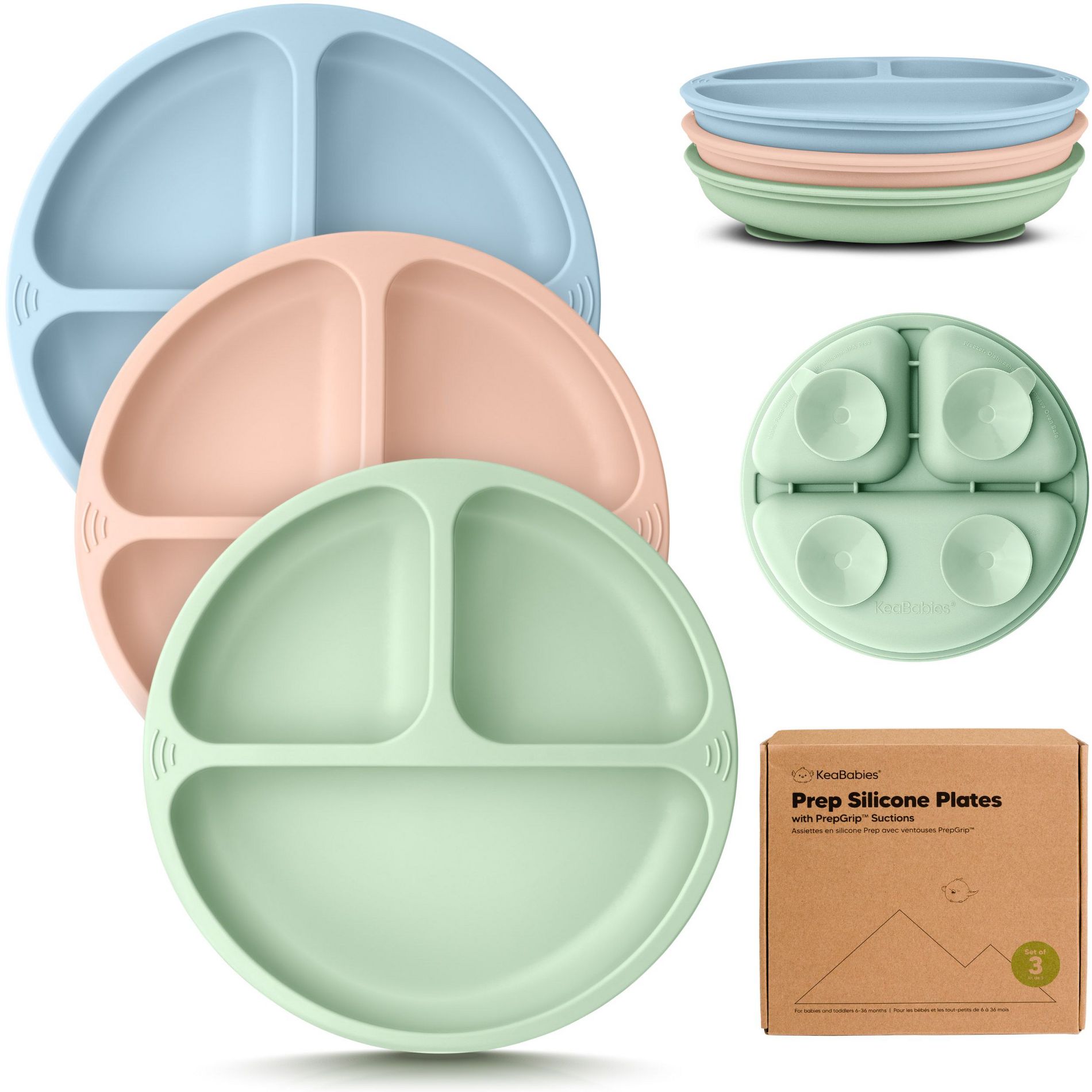 3-Pack Prep Suction Plates for Baby, 100% Silicone Toddler Plates, BPA-Free Divided Baby Plates with Suction (Mellow)