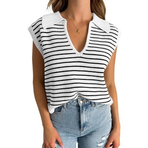 Womens Knit Top Summer V Neck Sleeveless Casual Striped Collar Neck Sweater Vest Tops - 1 of 3
