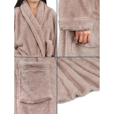 L/XL Nude Plush Fleece Shaggy Bathrobe with Pockets