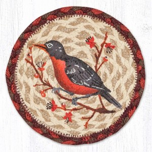Earth Rugs Wildlife Robin Round Coaster – 7"x7" Braided Jute with Hand-Stenciled Robin, Rustic Nature-Inspired Design - 1 of 3