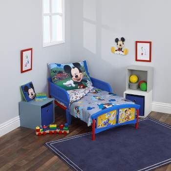 Disney Mickey Mouse Blue, Gray, Red, and White, Donald Duck, and Goofy Having Fun 4 Piece Toddler Bed Set