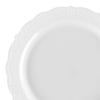 Smarty Had A Party 10" White Vintage Round Disposable Plastic Dinner Plates (120 Plates)